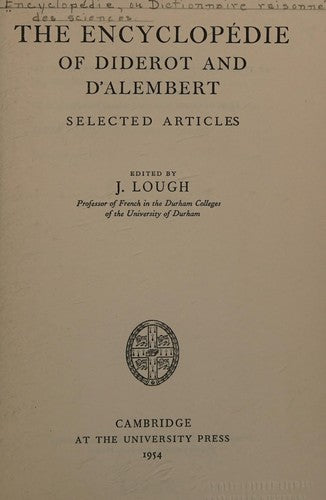 The Encyclopedie of Diderot and D'Alembert: Selected Articles