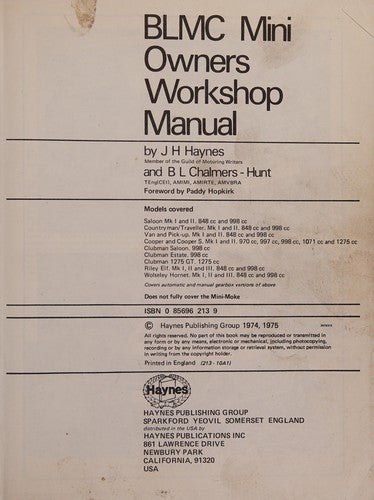 B. L. M. C. Mini Owner's Workshop Manual
