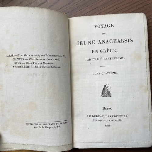 Voyage du jeune Anacharsis en Grece, Tome Quatrieme, 1830 RARE