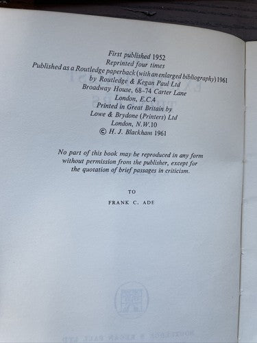 Six Existentialist Thinkers by Blackham, H. J. (Paperback Routledge 1961)
