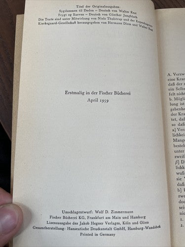 Soren Kierkegaard - Die Krankheit zum Tode Furcht und Zittern, 1959