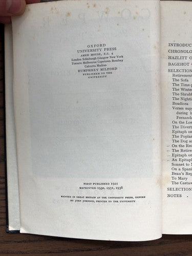 Cowper Poetry and Prose, Humphrey S. Milford (1936) Oxford University Press	