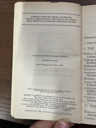 Selected Writings of the American Transcendentalist, 1966 (Edited by Hochfield)