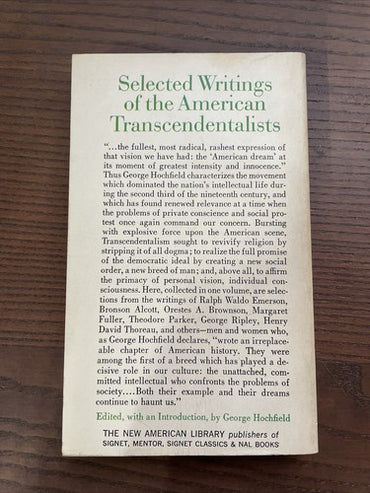 Selected Writings of the American Transcendentalist, 1966 (Edited by Hochfield)