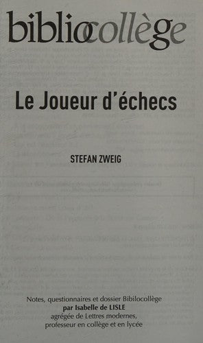 Bibliocollège - Le joueur d'échecs, Stefan Zweig