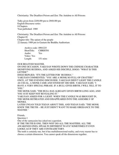 Christianity, the Deadliest Poison and Zen, the Antidote to All Poisons