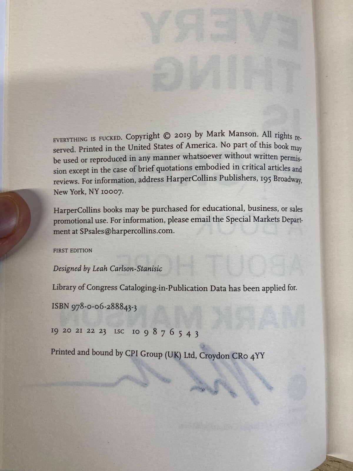 Every Thing is Fucked, A Book About Hope - Mark Manson - Signed