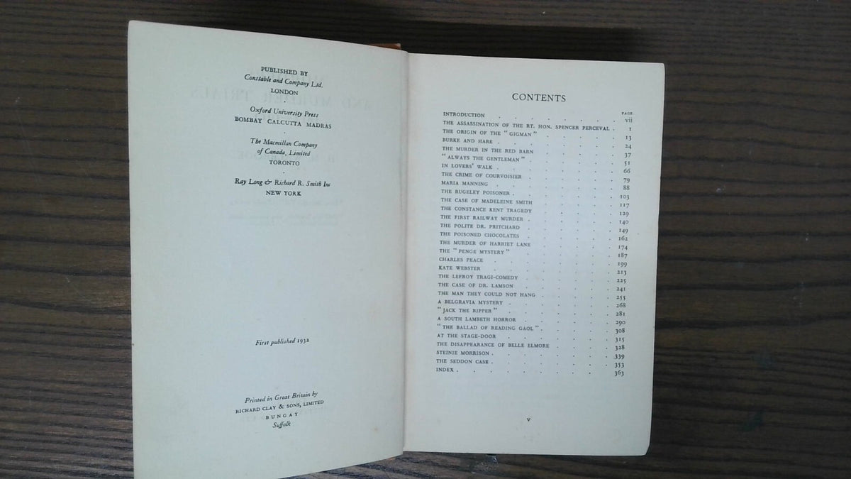 Murders And Murder Trials 1812-1912, H M Walbroo, 1932, Constable & Co